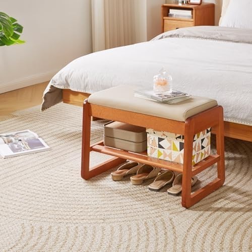 2-Tier Flip-Top Shoe Storage Bench with Padded Seat – Cherry Wood