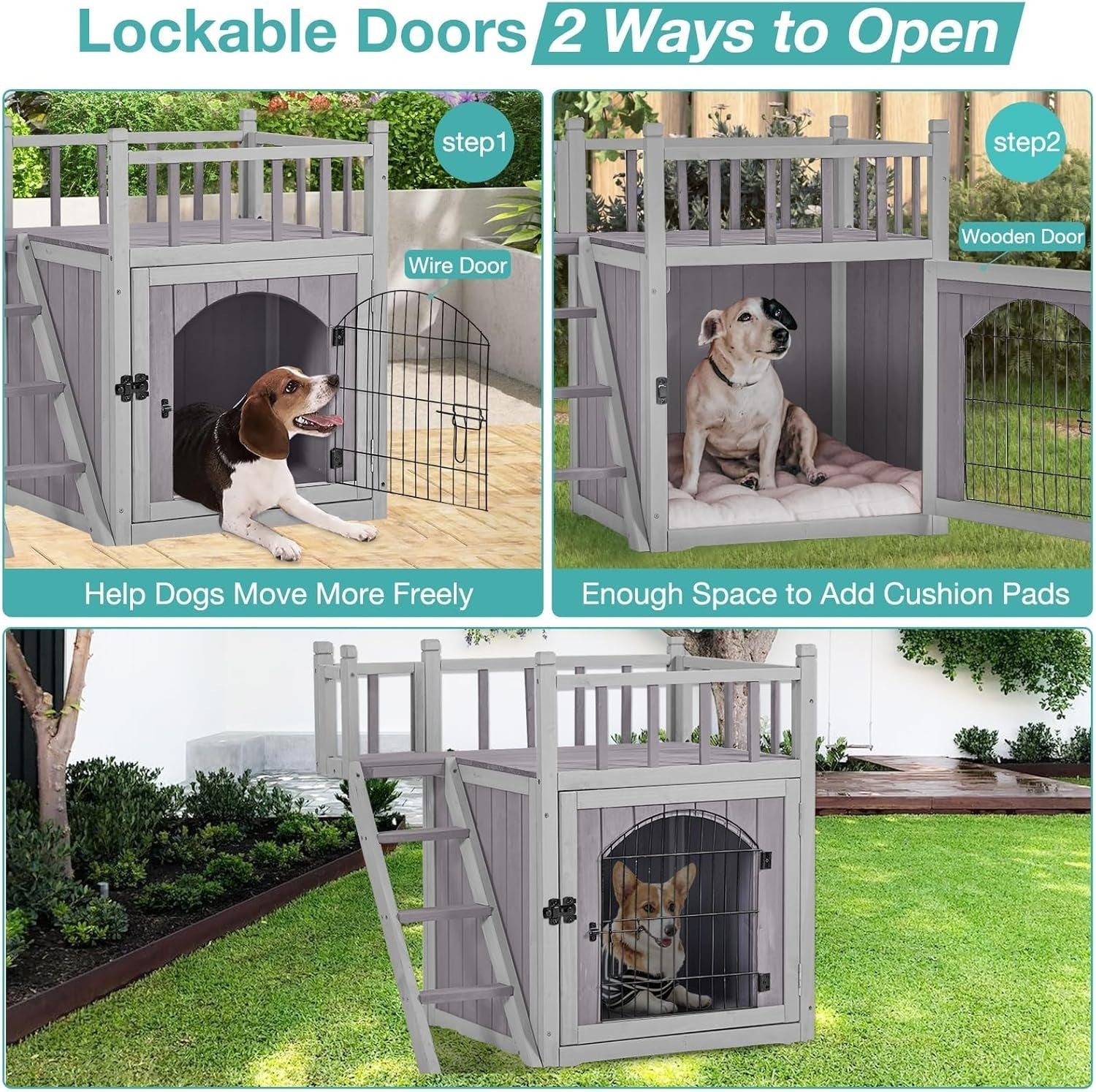 Weatherproof 2-Story Outdoor Wooden Cat & Small Dog House with Balcony
