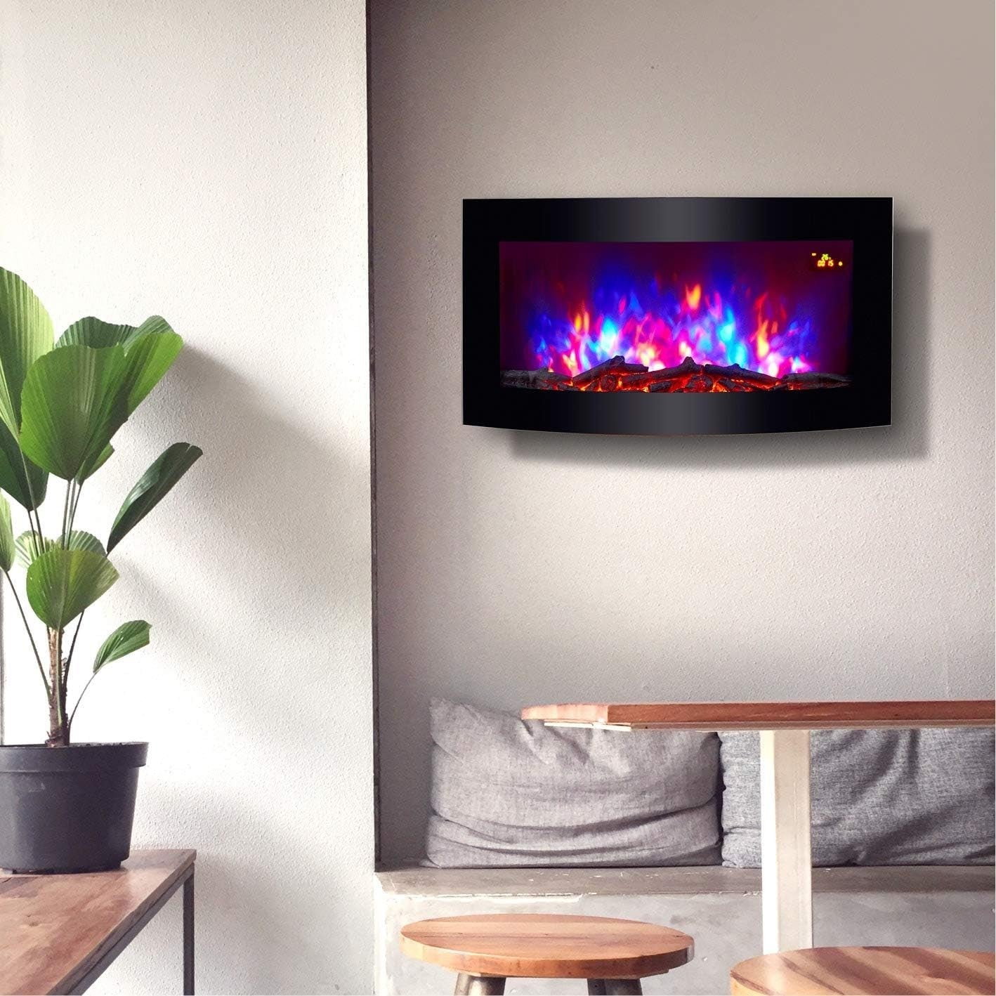 89cm Curved Black Glass Wall Mounted Electric Fireplace with Multi-Color Flame