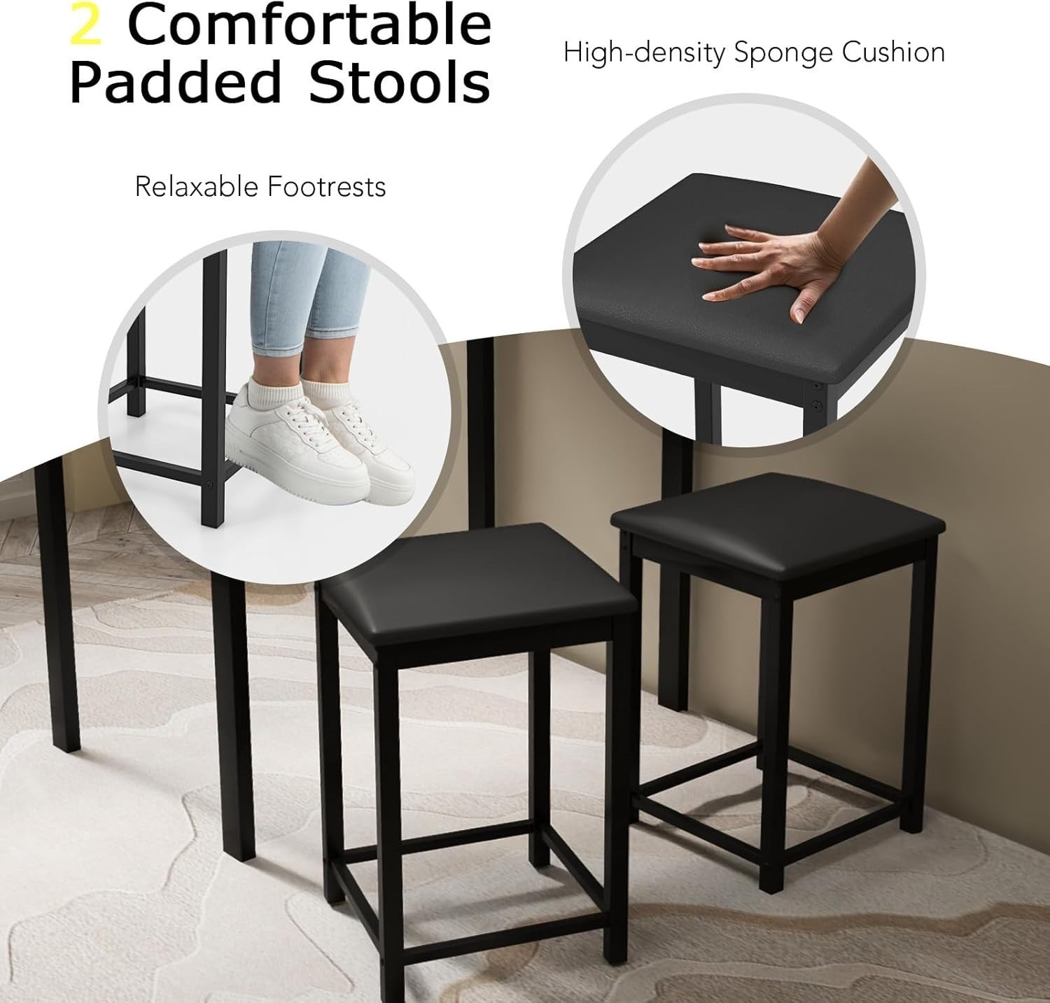 3 Piece Breakfast Bar Table Set with Stools Modern Small Space Dining Black