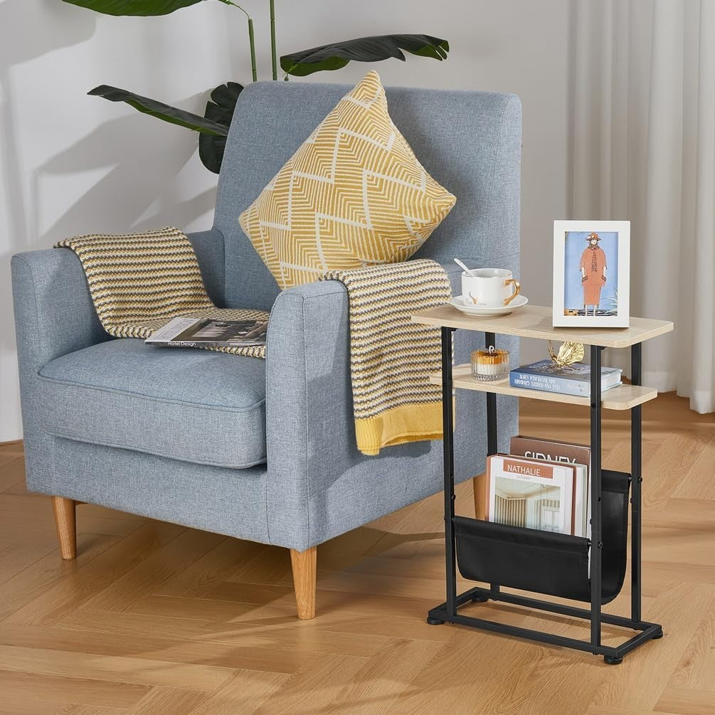 Slim Oak Side Table with Magazine Holder & Adjustable Feet 18x42x55cm