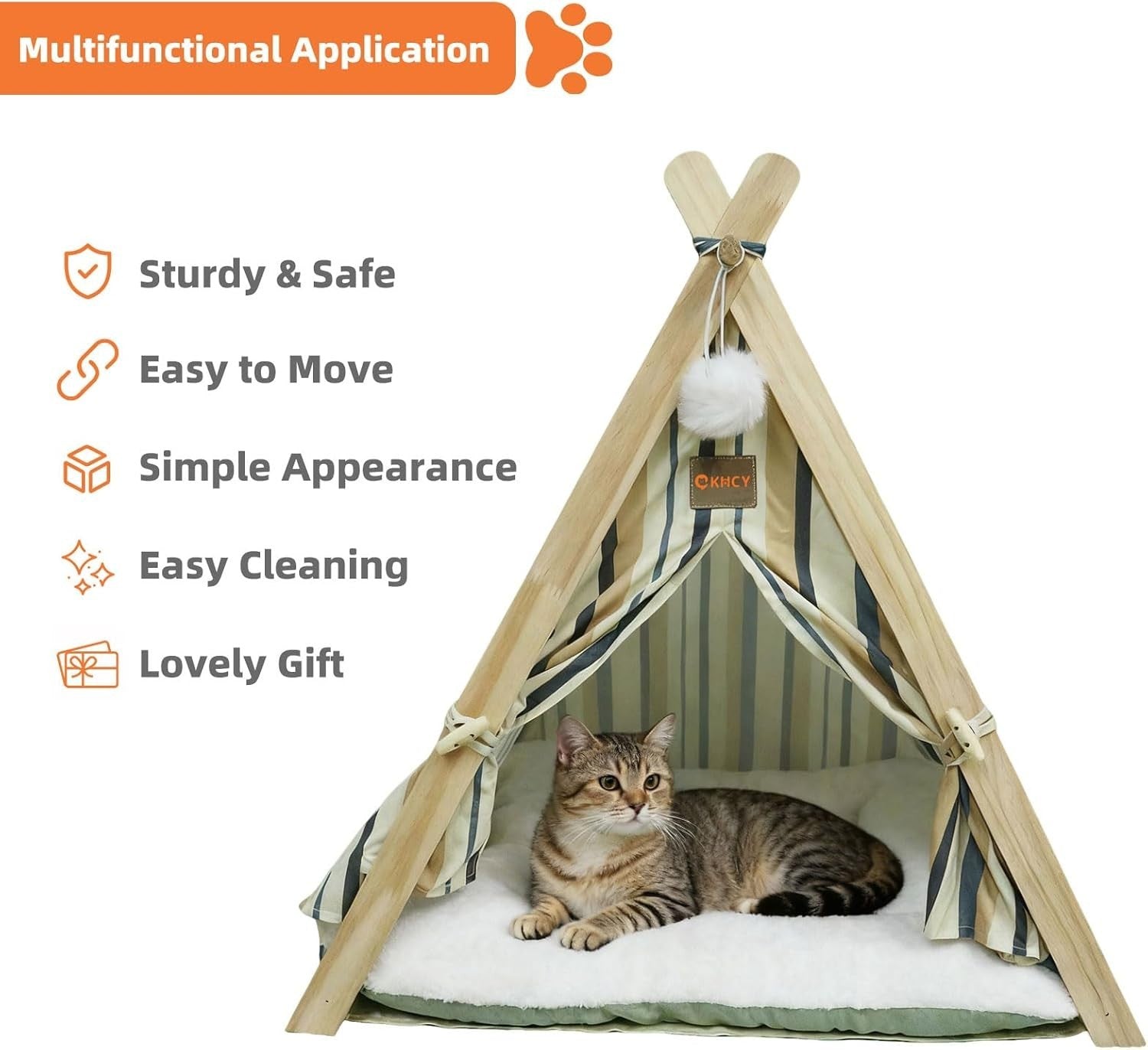 Wooden Pet Teepee Tent Cat Dog House w Cushion Indoor Shelter Striped