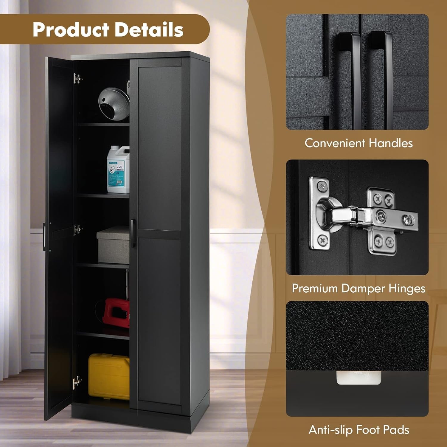 Tall Black Storage Cabinet 2 Door Cupboard Adjustable Shelves Home Unit