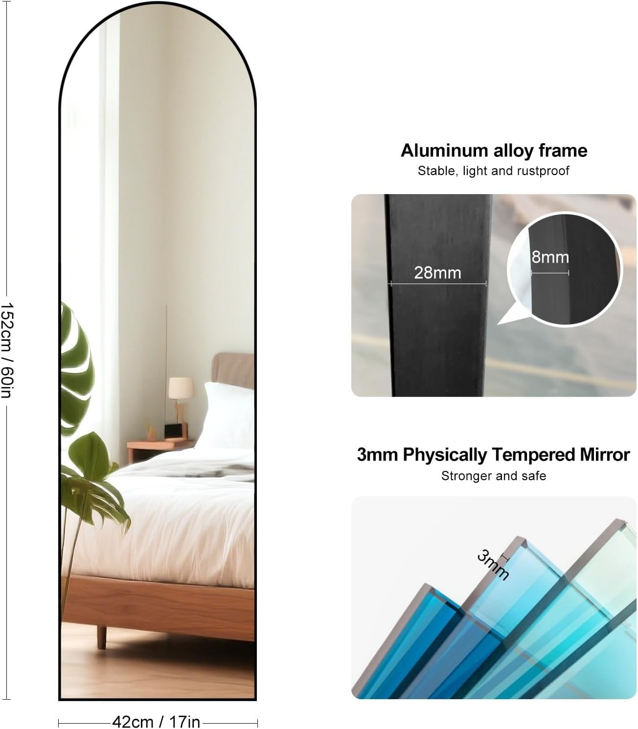 Full Length Arch Mirror 152x42cm Wall Mounted Black Frame Space Saving