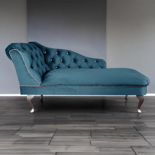 Tufted Teal Velvet Chaise Lounge Sofa Left Hand – Handmade, Compact & Elegant