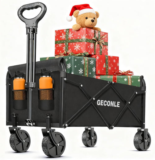 Black Folding Festival Trolley 100kg Garden Wagon Cart w/ Cup Holders & Wheels