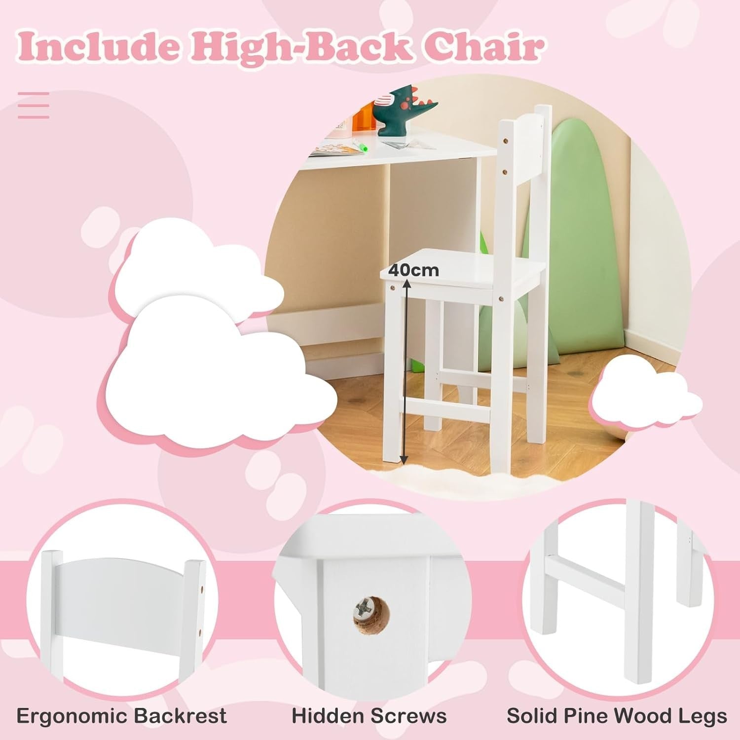 Kids Wooden Study Desk and Chair Set with Storage Whiteboard White