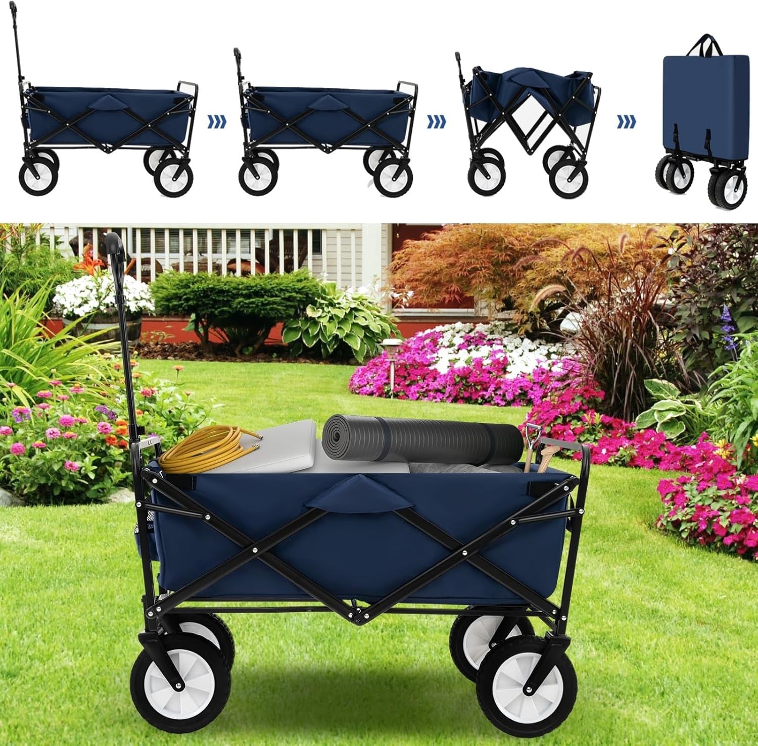 Navy Blue Folding Trolley Cart Collapsible Garden Wagon w/ Adjustable Handle