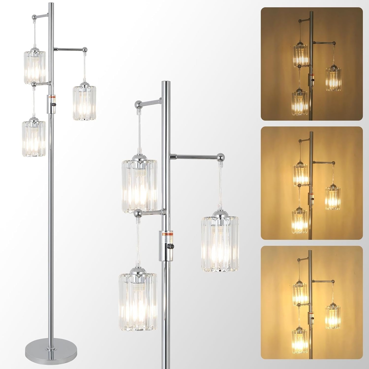 Dimmable 3-Light Floor Lamp Chrome Crystal Shades LED Compatible Tall Lamp
