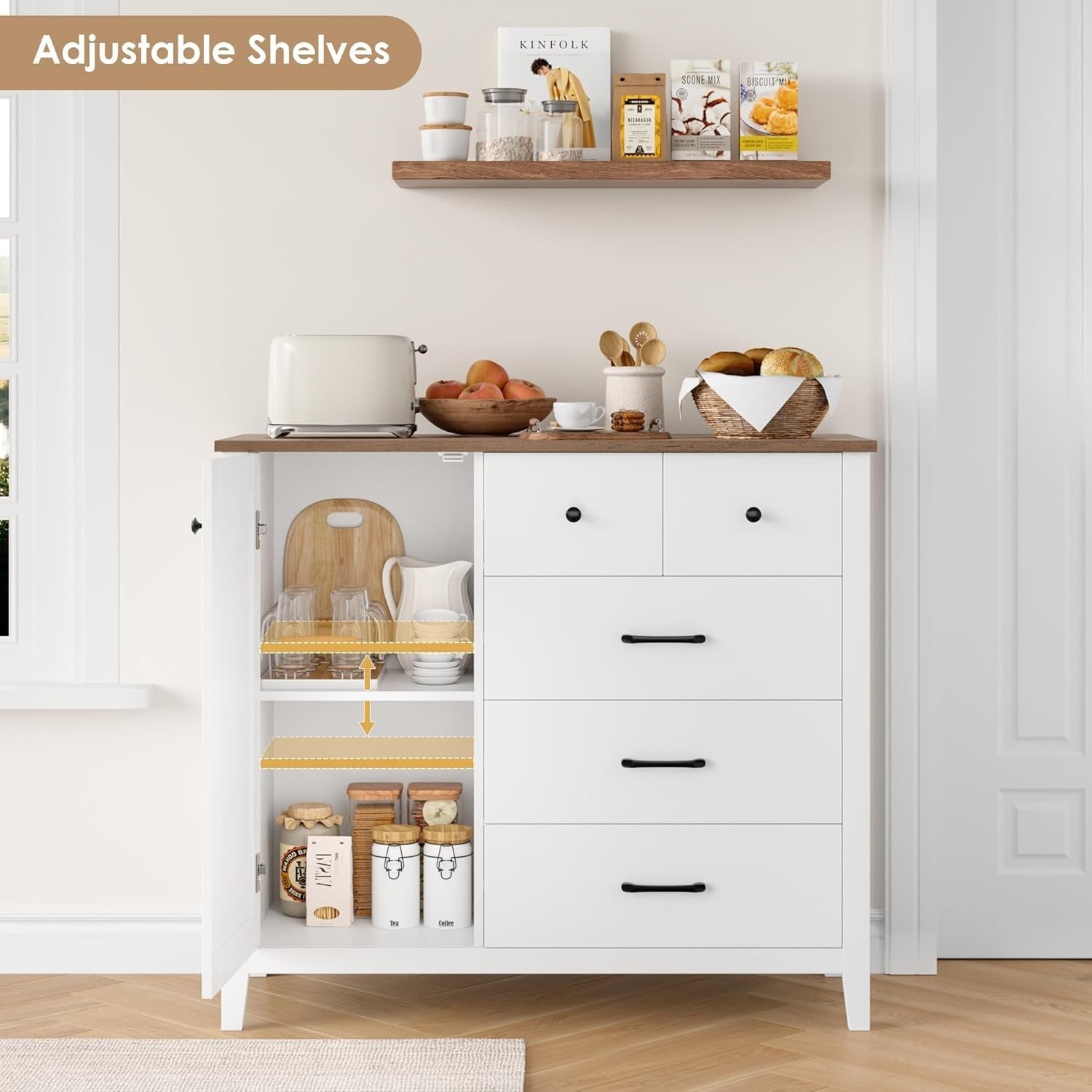 Modern Kitchen Sideboard with Adjustable Shelf & 5 Drawers White Brown