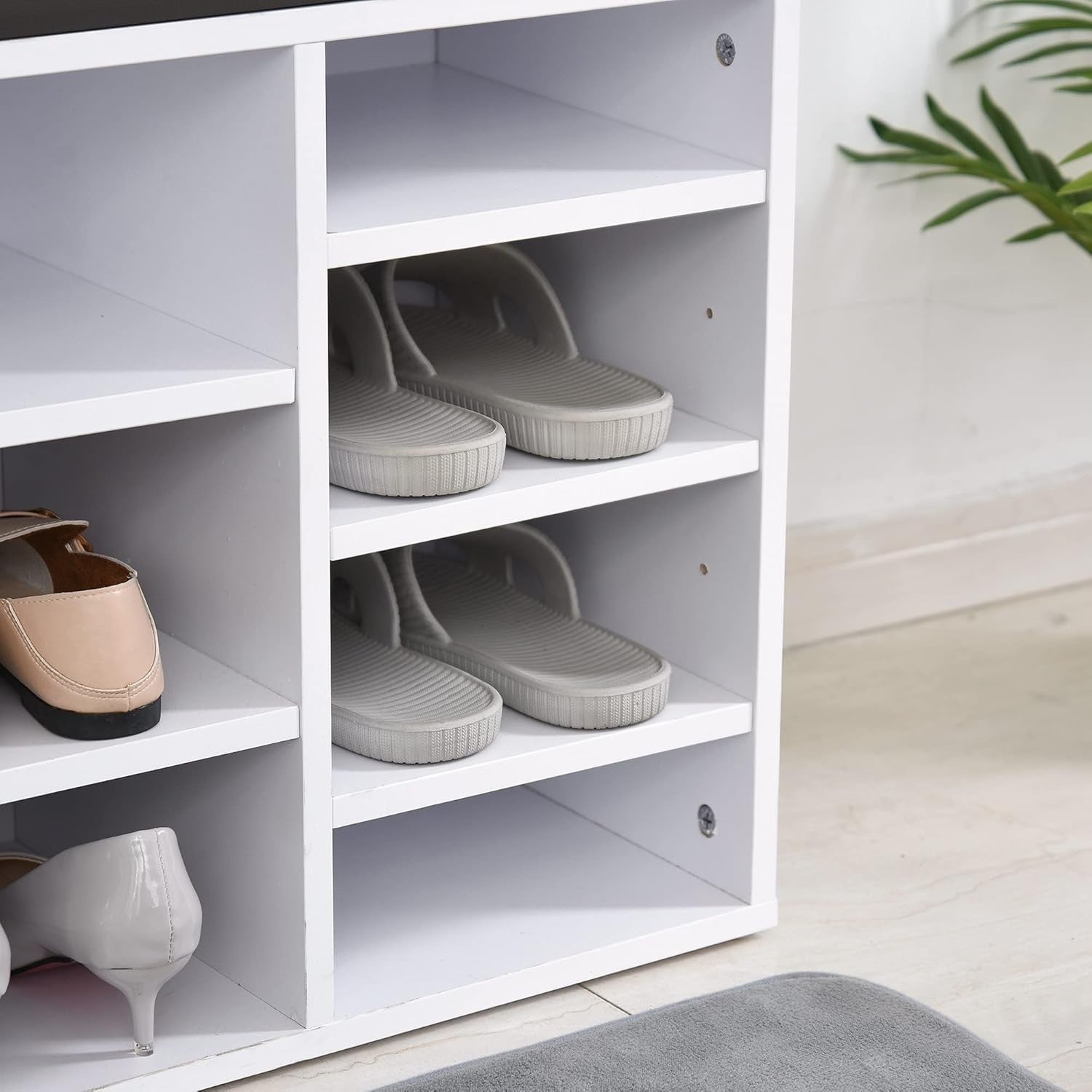 Multi-Storage Shoe Rack with Cushion & 14 Compartments, 103.5x30x48 cm White