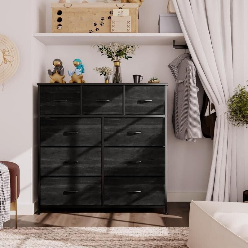 Black Fabric 9 Drawer Dresser Storage Unit with Wood Top for Bedroom 100cm