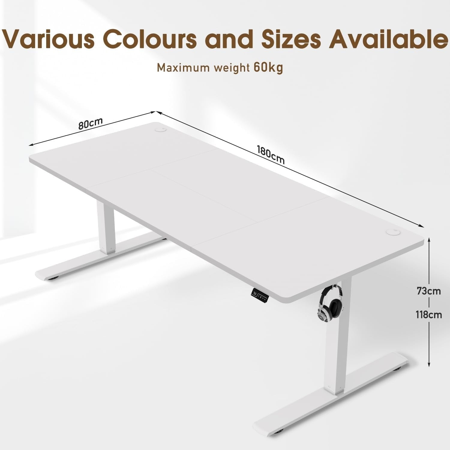 White Electric Standing Desk 180x80cm Adjustable Large Home Office Table