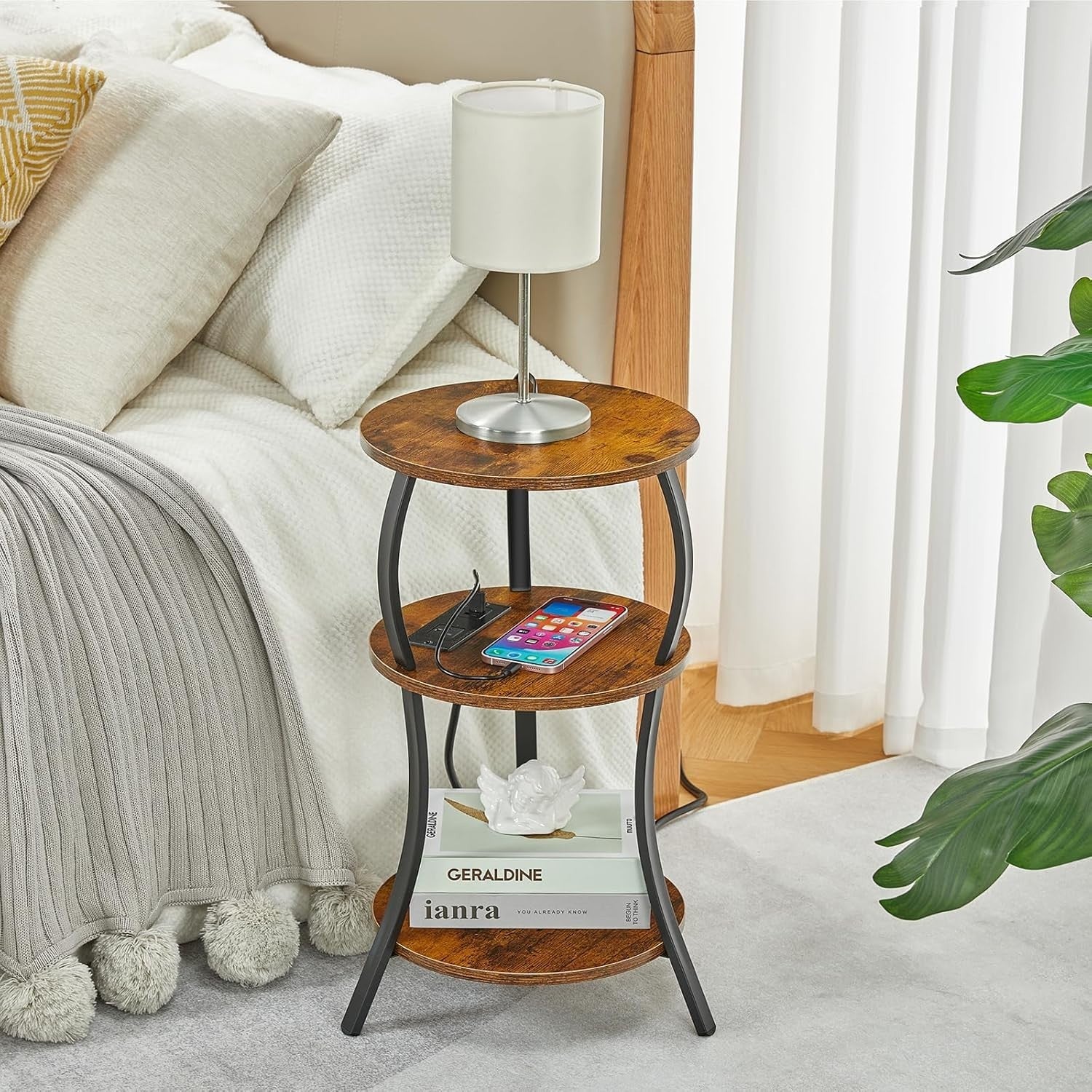 Brown 3-Tier Round Side Table 30x30x55 cm | Slim End Table w/ USB & Storage