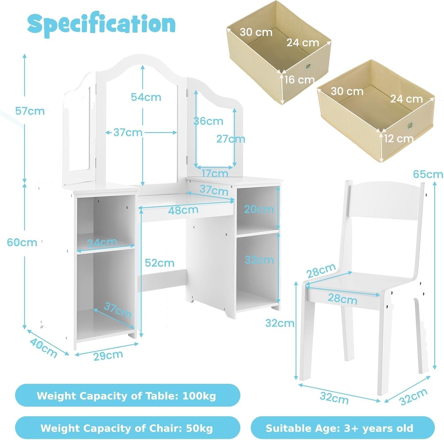 Kids Vanity Table with Tri-Fold Mirror & Storage Bins, White Wooden Set