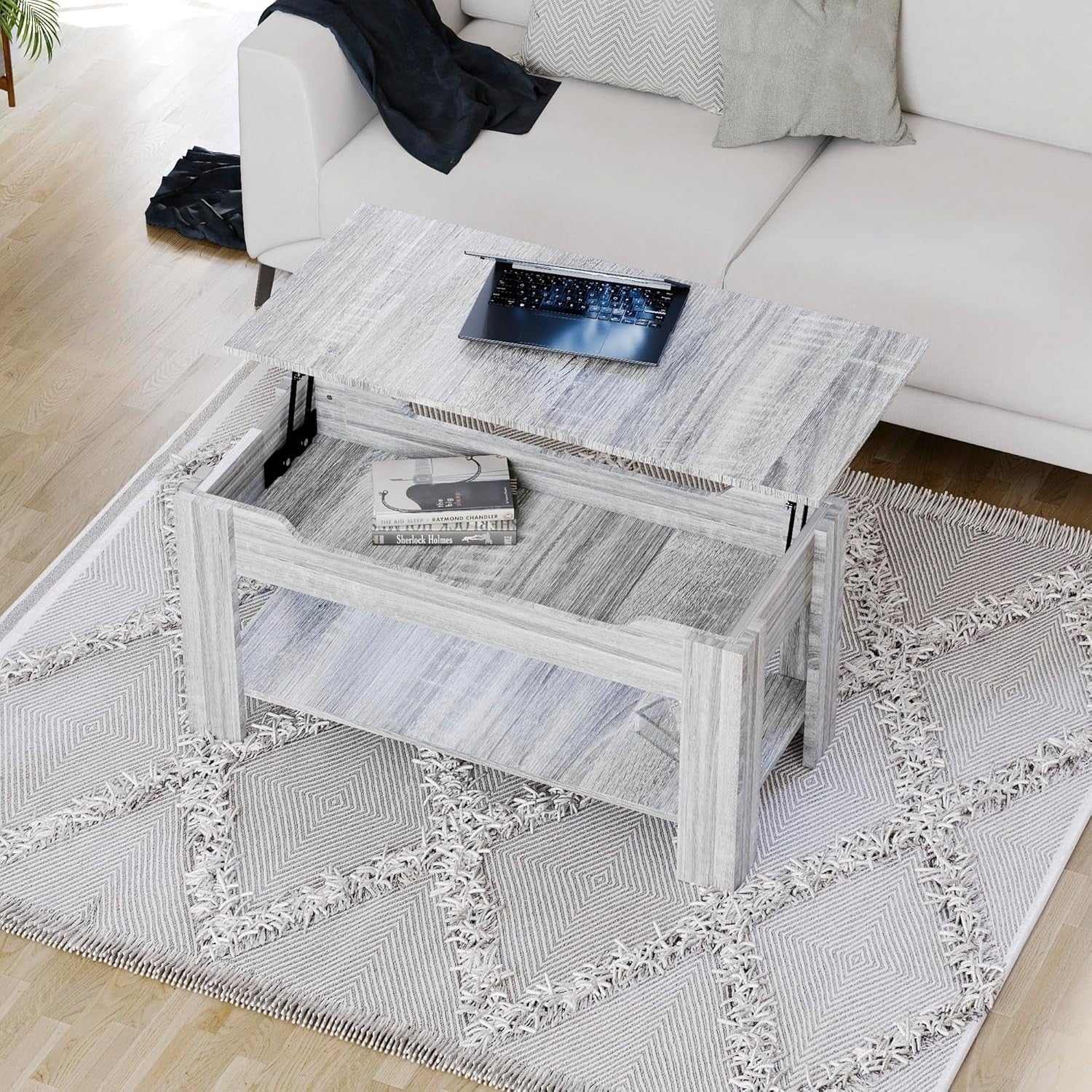 Lift Top Coffee Table with Hidden Storage & Shelf – Grey Wood – 100x48cm