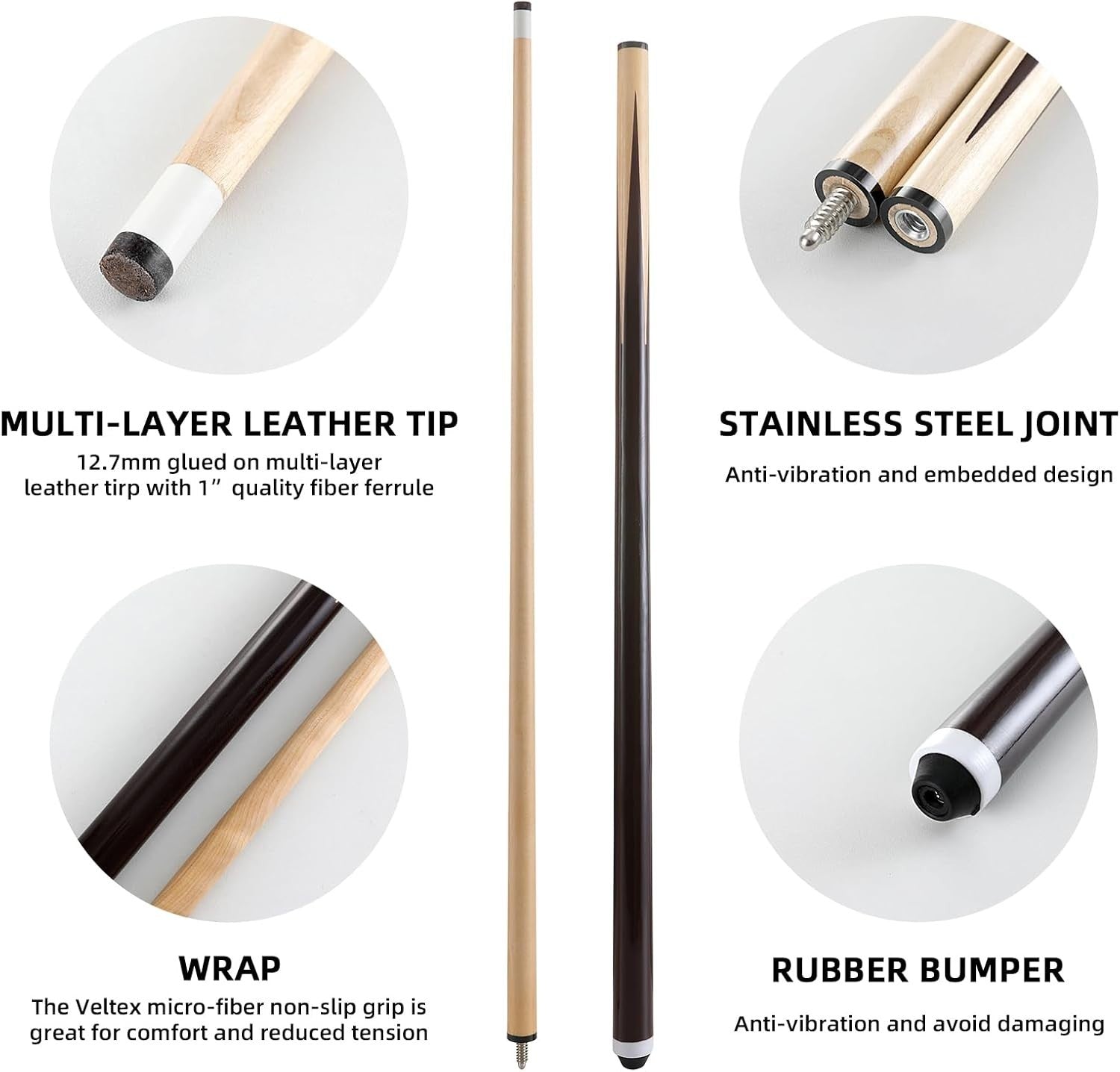 48in Pool Cue Set 4 Sticks 13mm Tip Canadian Wood 2pc 17–21oz