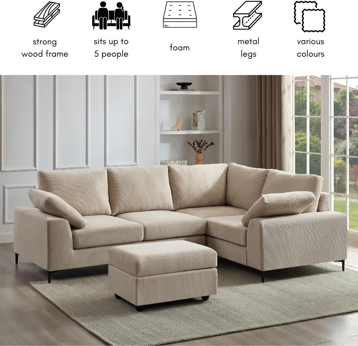 Beige Linen Right Hand Corner Sofa 5 Seater L Shape + Storage Option