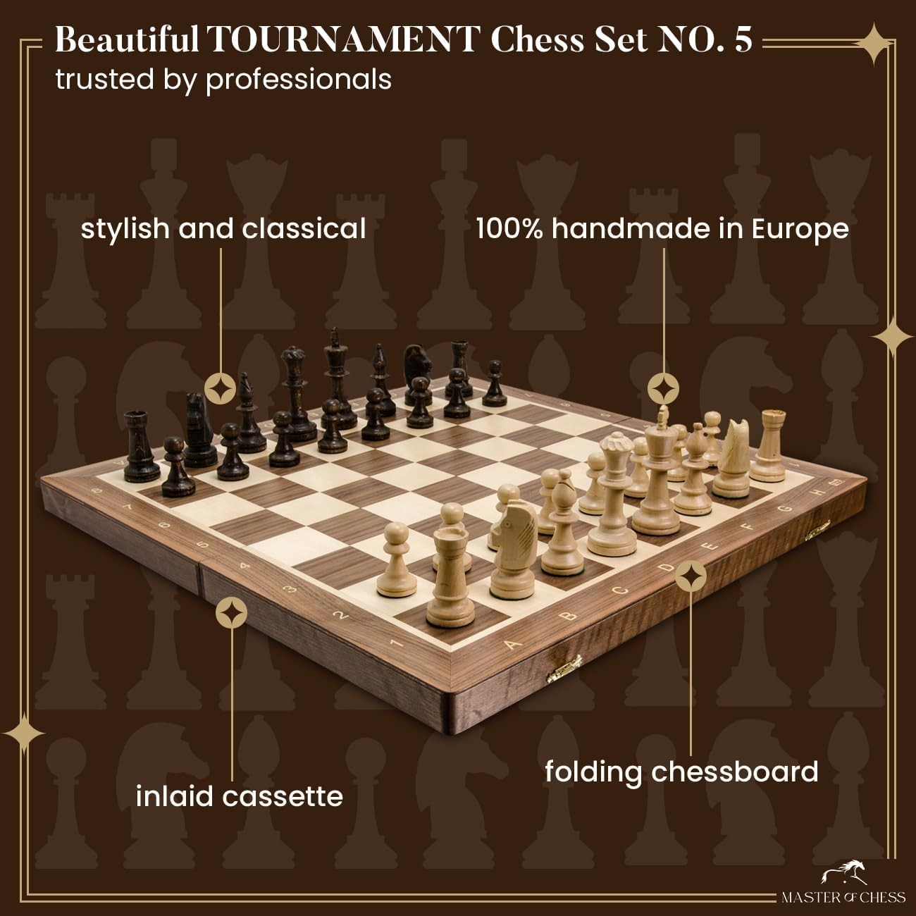 48cm Tournament Wooden Chess Set – Weighted Staunton No.5 Pieces & Folding Board