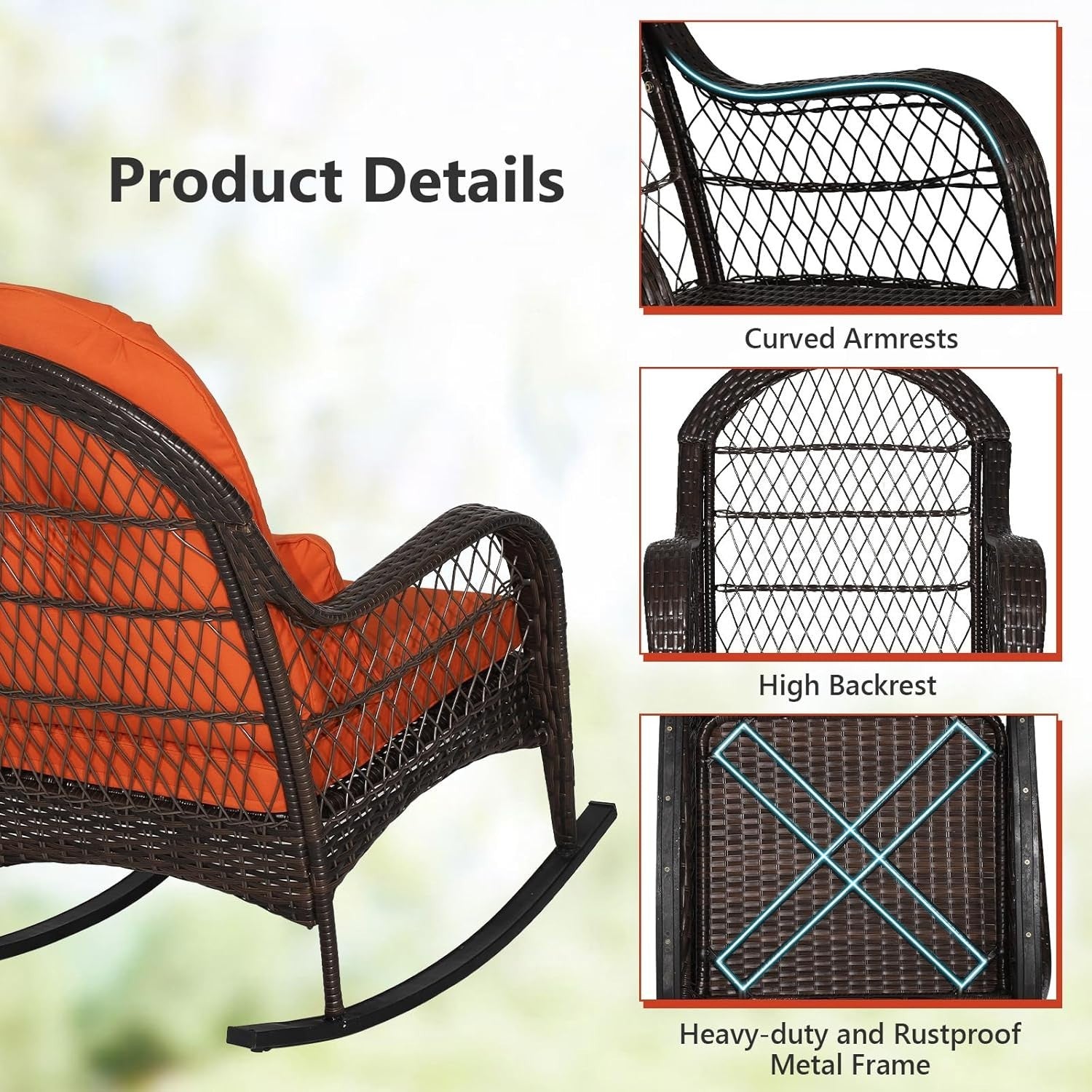Rattan Rocking Chair Outdoor Garden Patio Seat W/Cushion & Lumbar Pillow