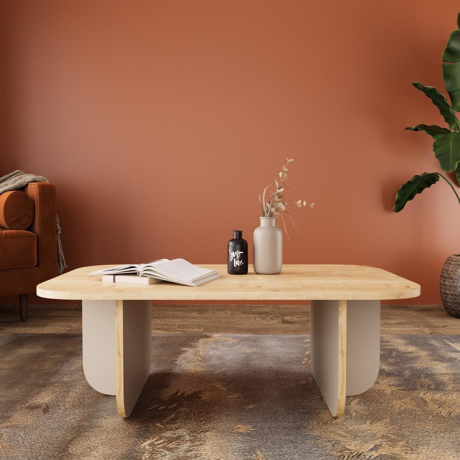 Modern Oak & Grey Coffee Table 100cm – Stylish Living Room Table with Curved Cor