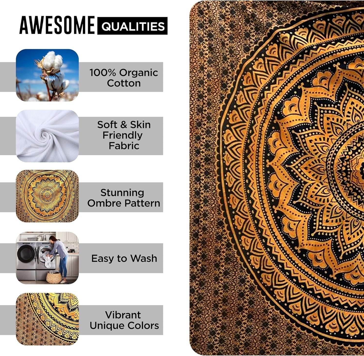 Black Gold Mandala Tapestry 52x82in Boho Wall Hanging Cotton