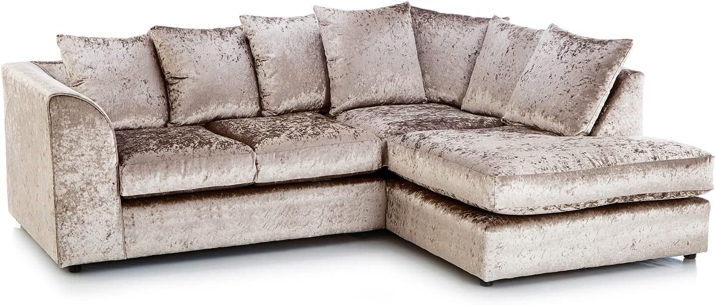 Mink Crushed Velvet Corner Sofa RH – Comfy 4 Seater L Shape Settee Couch