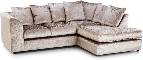Mink Crushed Velvet Corner Sofa RH – Comfy 4 Seater L Shape Settee Couch