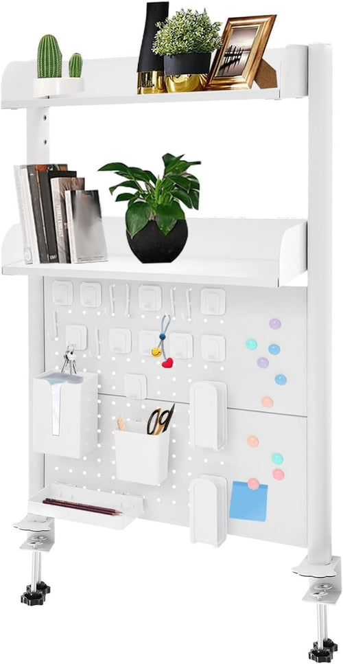 Clamp-On Desk Pegboard 60cm 2-Tier Desktop Organizer Shelf Privacy Panel White