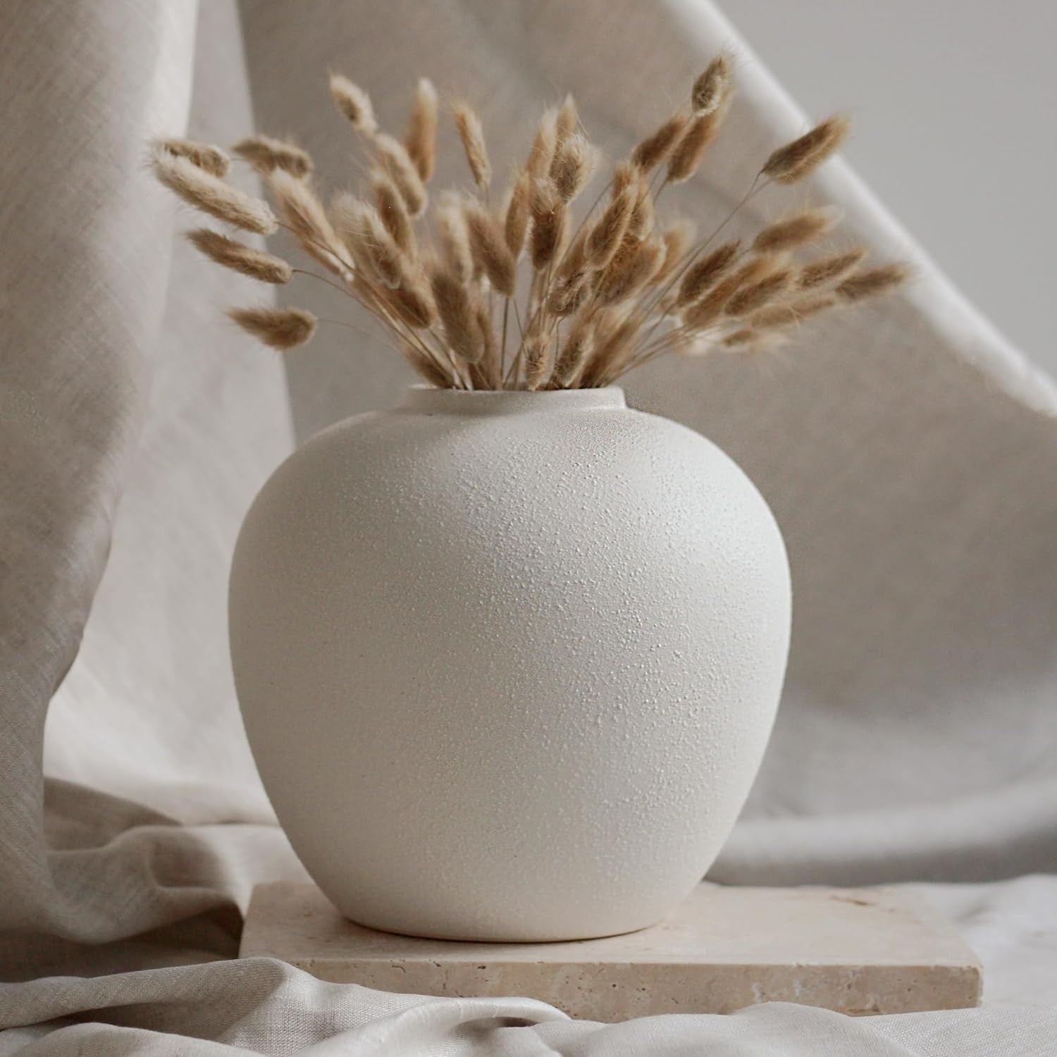 White Ceramic Flower Vase 20cm Round Minimalist Leak-Proof Home Décor