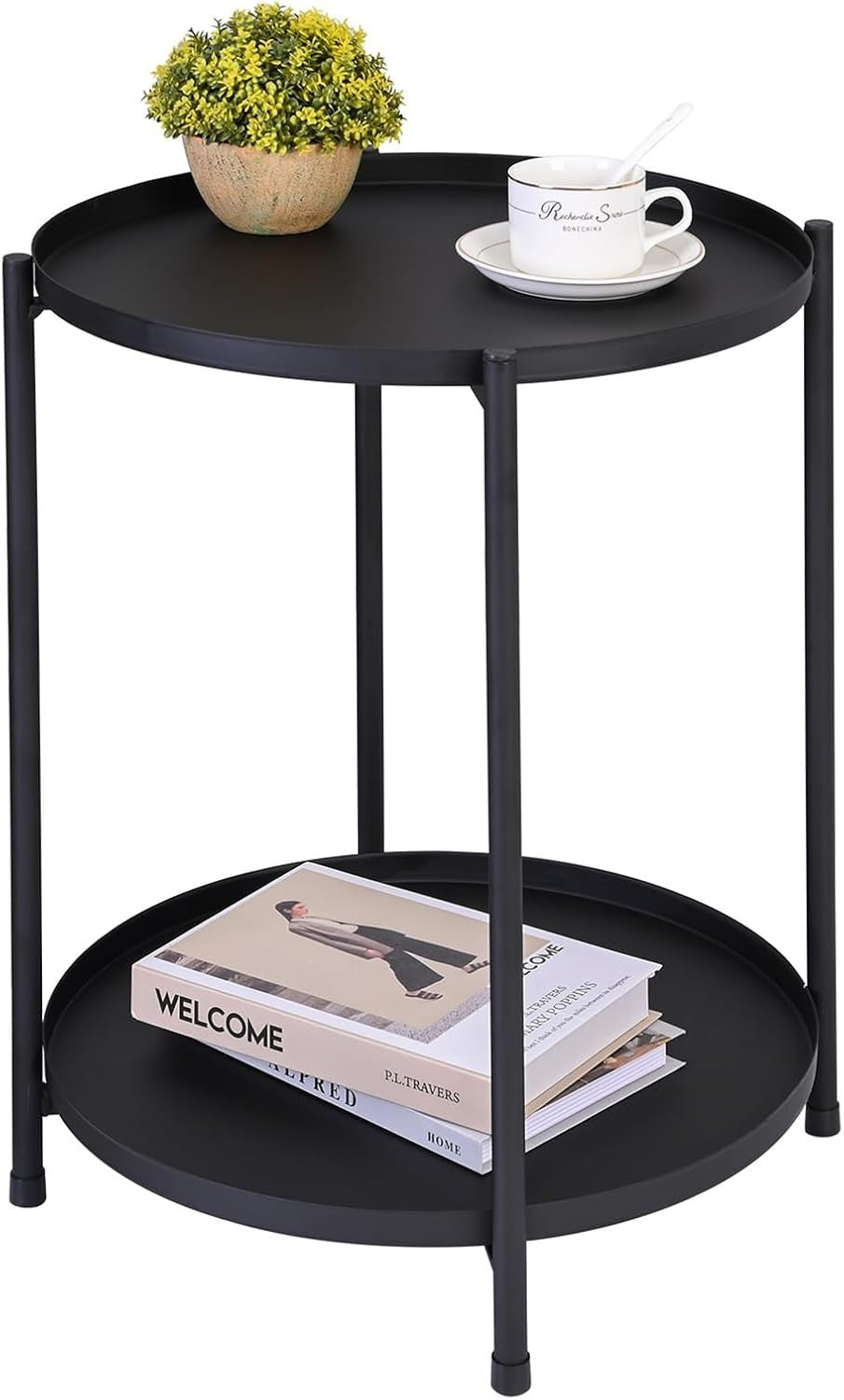 2-Tier Round Side Table with Removable Metal Tray, Sturdy Anti-Rust Coffee Table