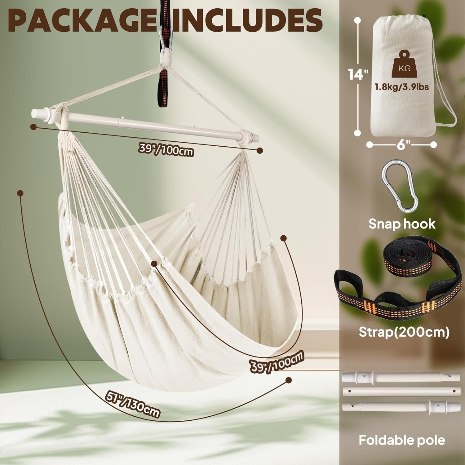 Hammock Chair Swing – Portable Collapsible Cotton Seat, Indoor/Outdoor, 1 Person