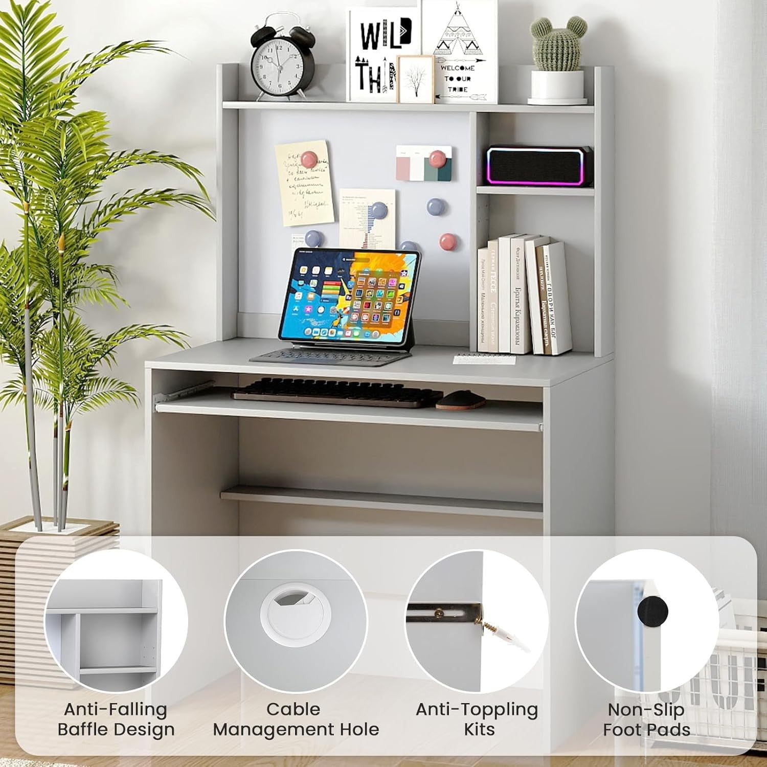 Computer Desk with Hutch Storage Keyboard Tray Study Workstation Grey
