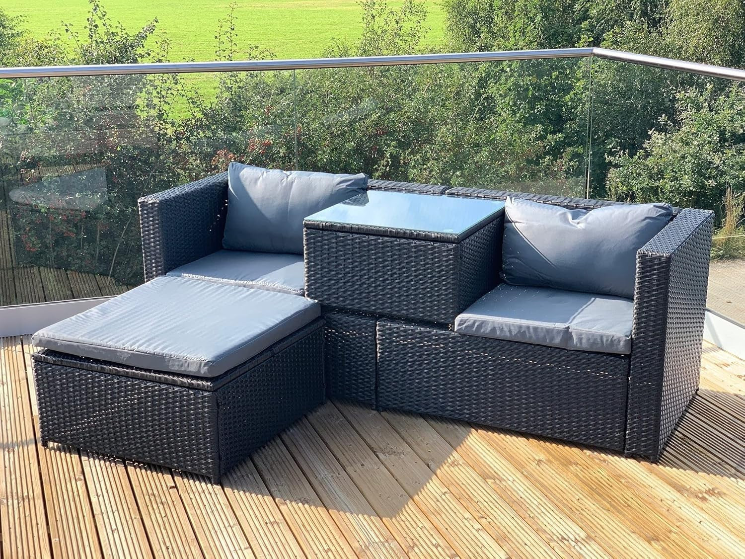 Outdoor Black Rattan Garden Sofa Set 4-Piece L-Shape Lounge Patio Modular
