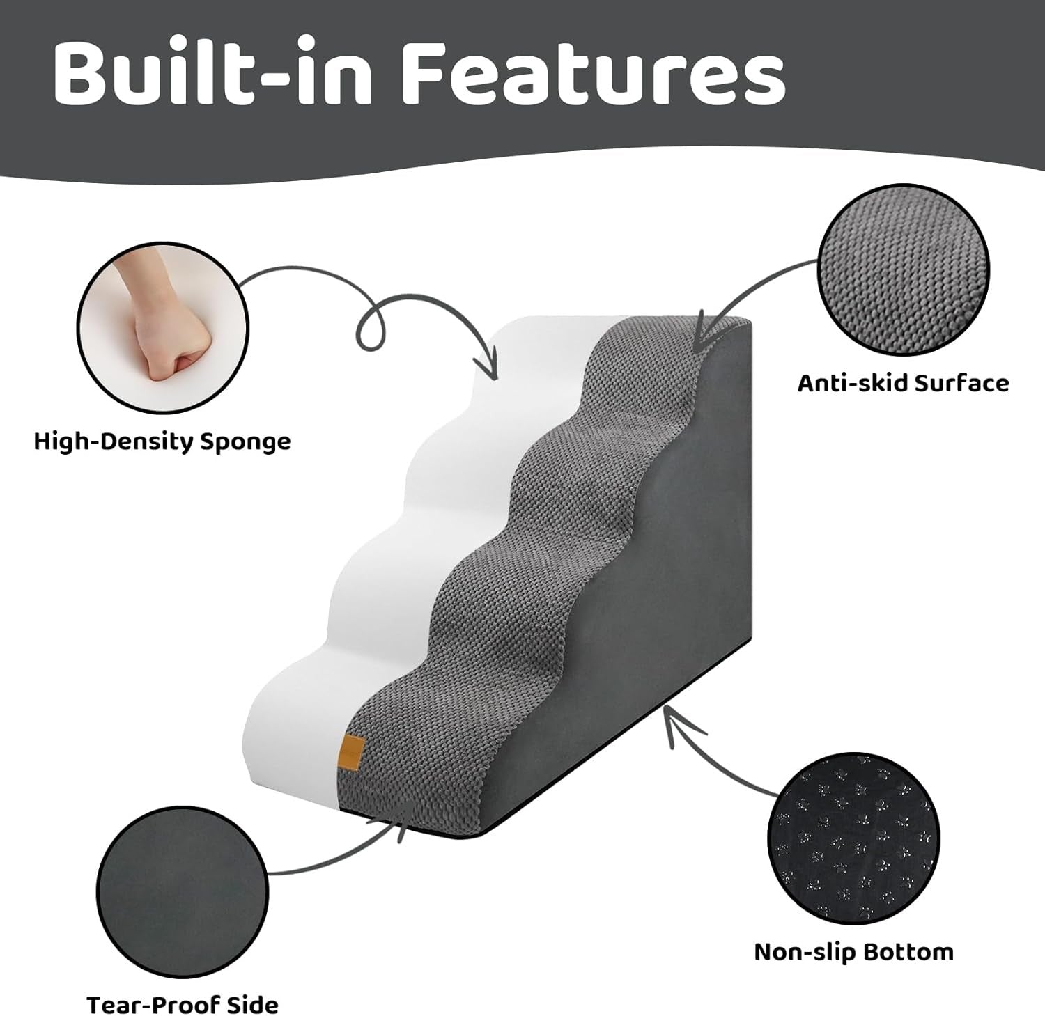4 Step Dog Stairs for Bed Non Slip Foam Pet Ramp 72x50cm