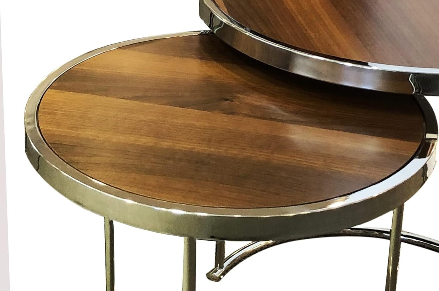 2pc Round Nesting Coffee Table Set Wood Top Chrome Metal Base Modern Living Room