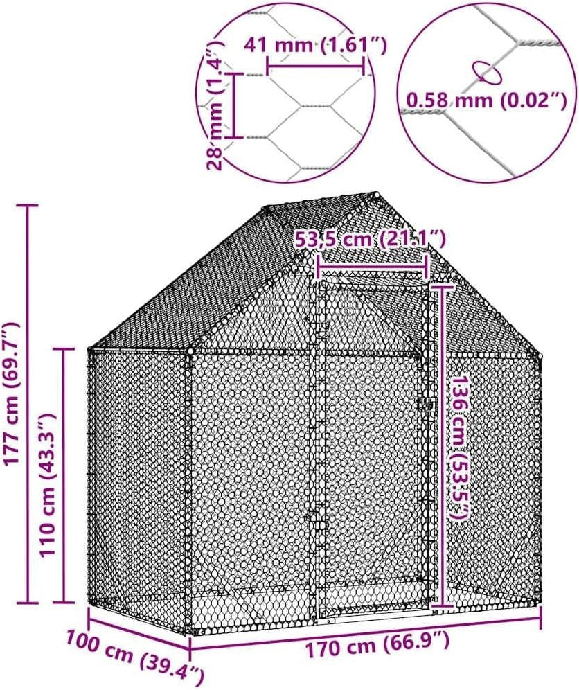 Galvanised Steel Chicken Cage 170x100x177cm Run