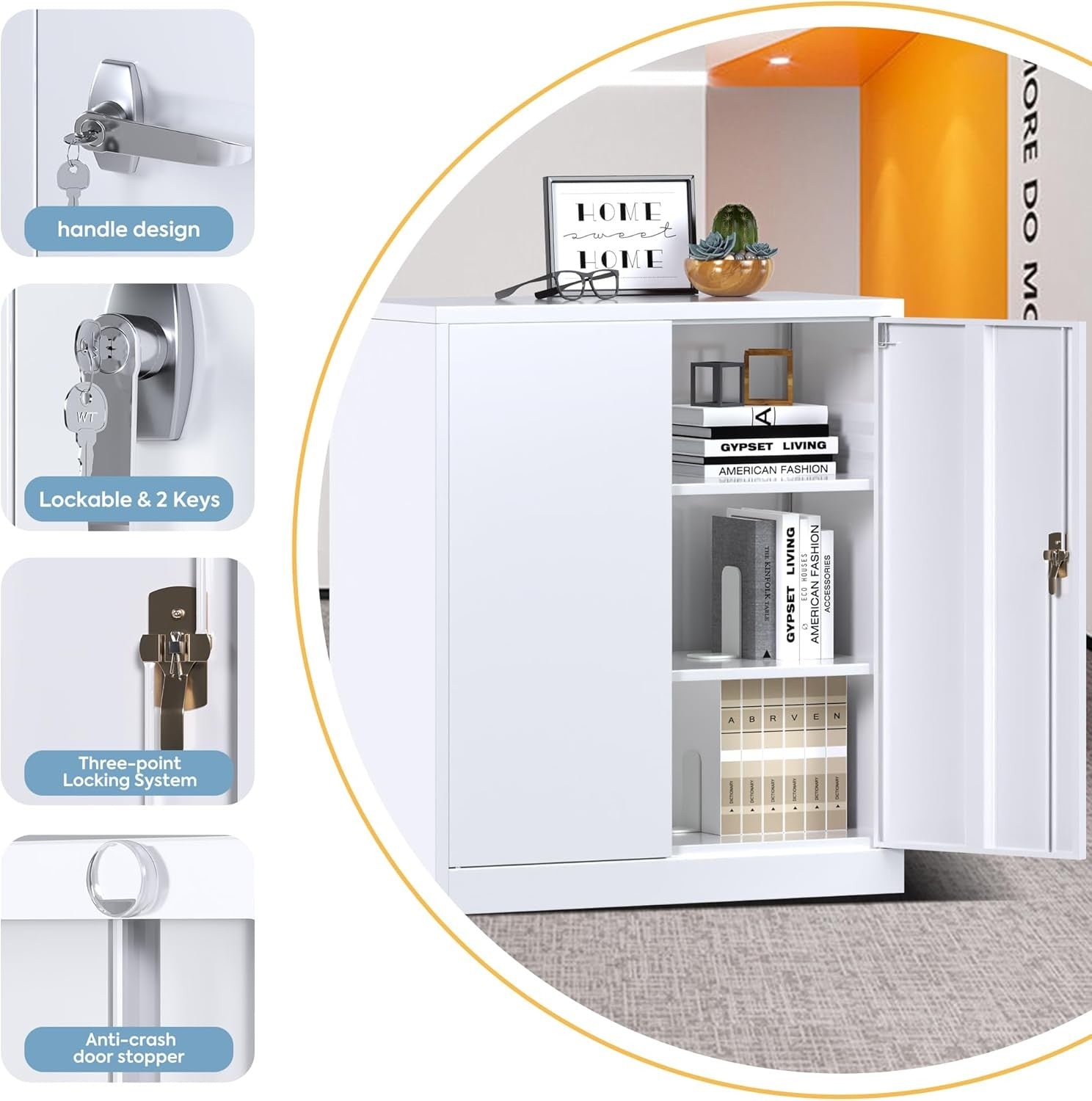 Metal Storage Cabinet with Lock Doors 2 Adjustable Shelves Home Office White