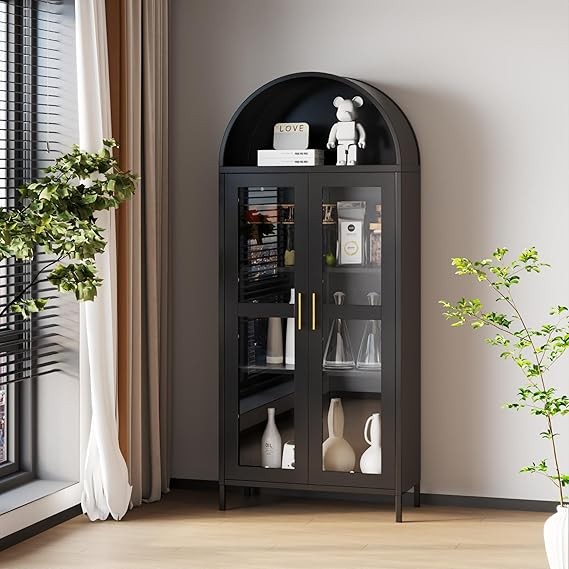 Tall White Arched Pantry Cabinet – 4-Door Glass & Metal Storage Unit 185cm
