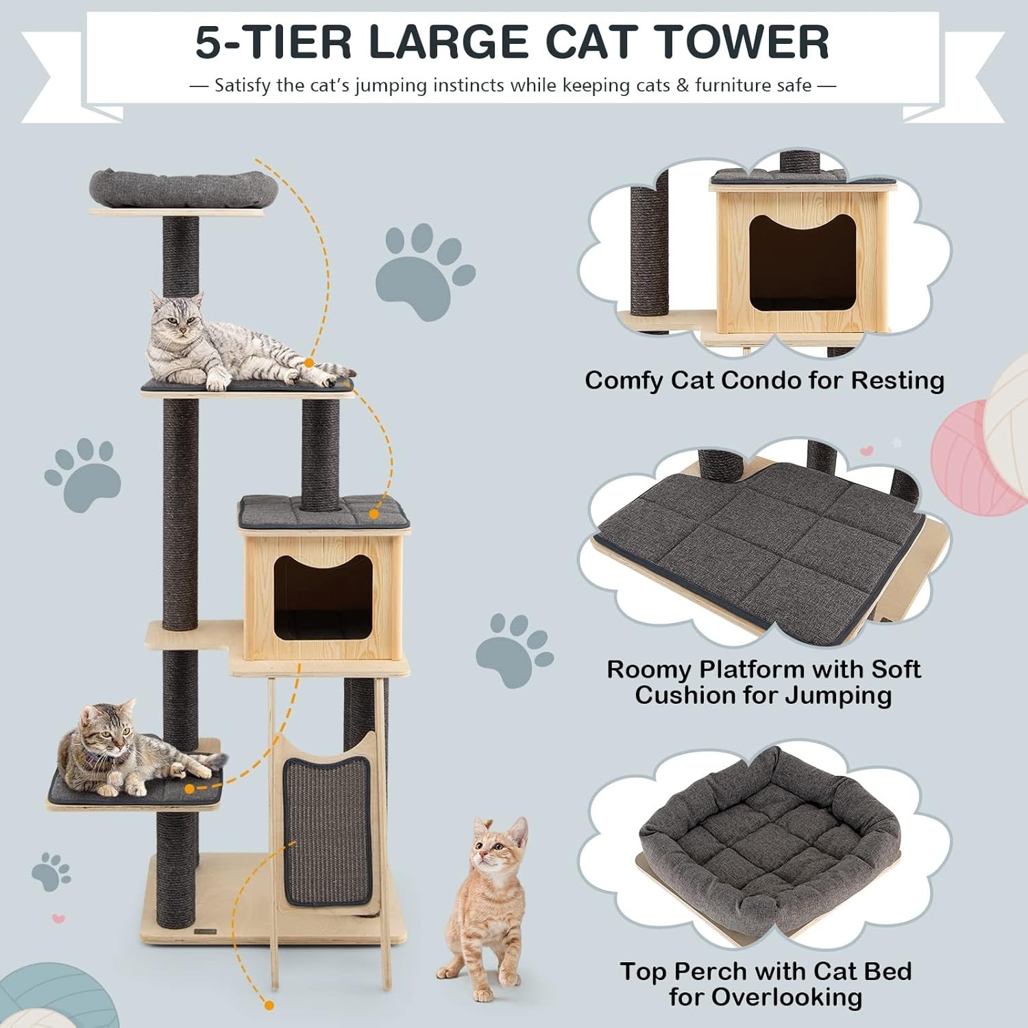 Modern Cat Tree Tower 175cm Multi Level Scratcher Condo with Washable Cushions