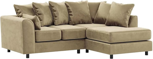 Beige Velvet Corner Sofa 4 Seater L Shape | Full Foam Cushions RH Chaise