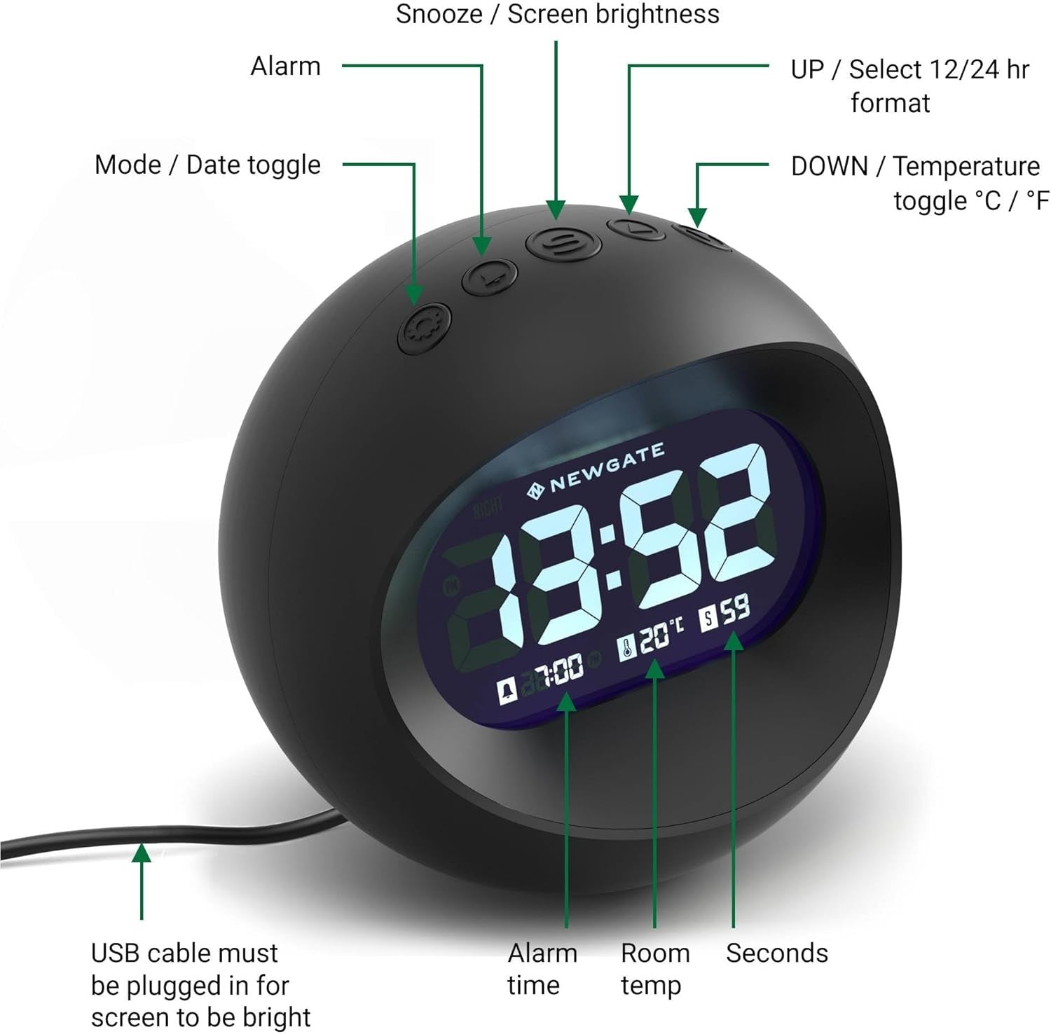Retro Digital Alarm Clock LED Display Round Bedside Desk Clock Snooze