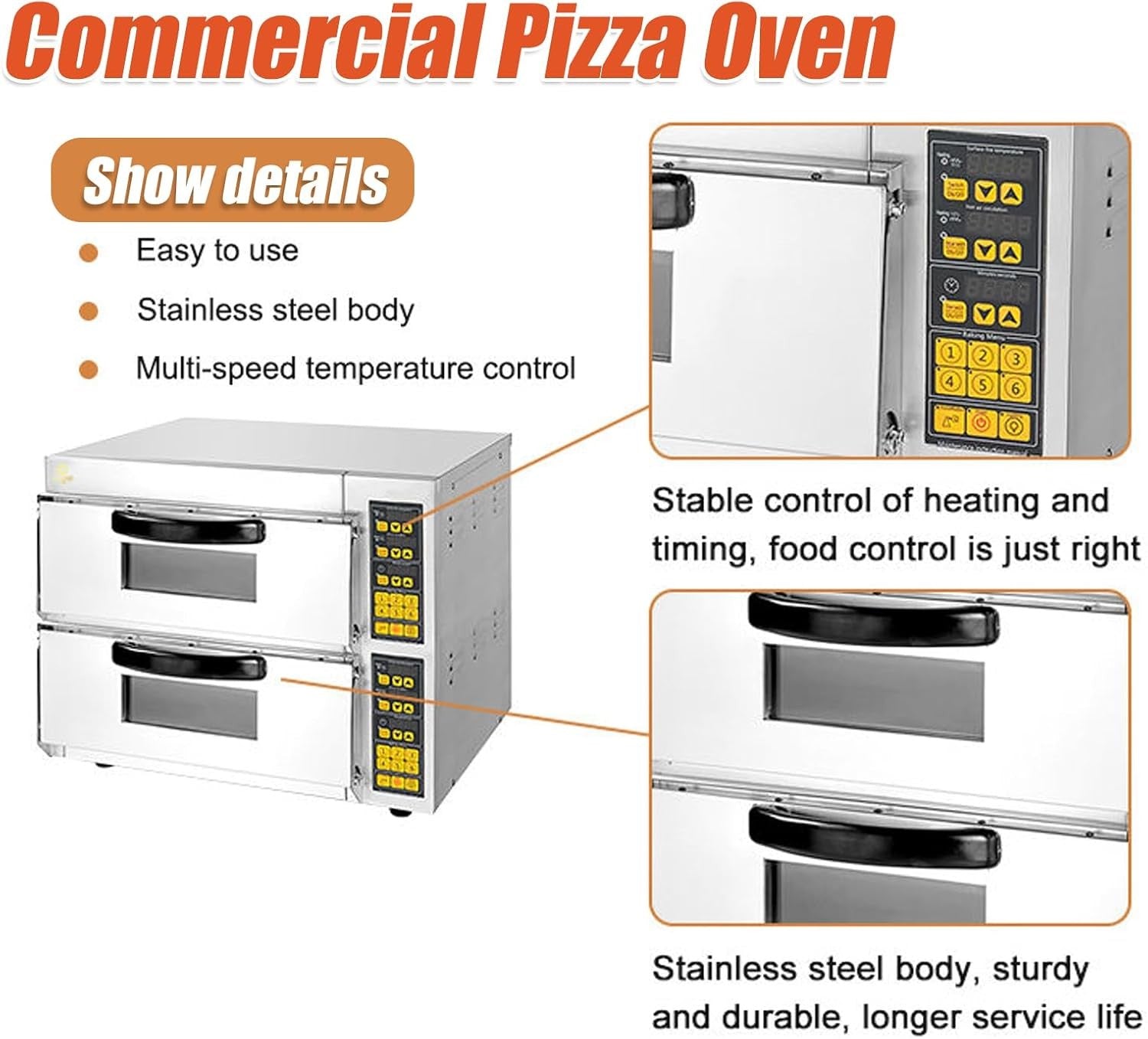 Commercial Electric Pizza Oven 16" Double Deck 500°C Stainless Steel Bakery Gril