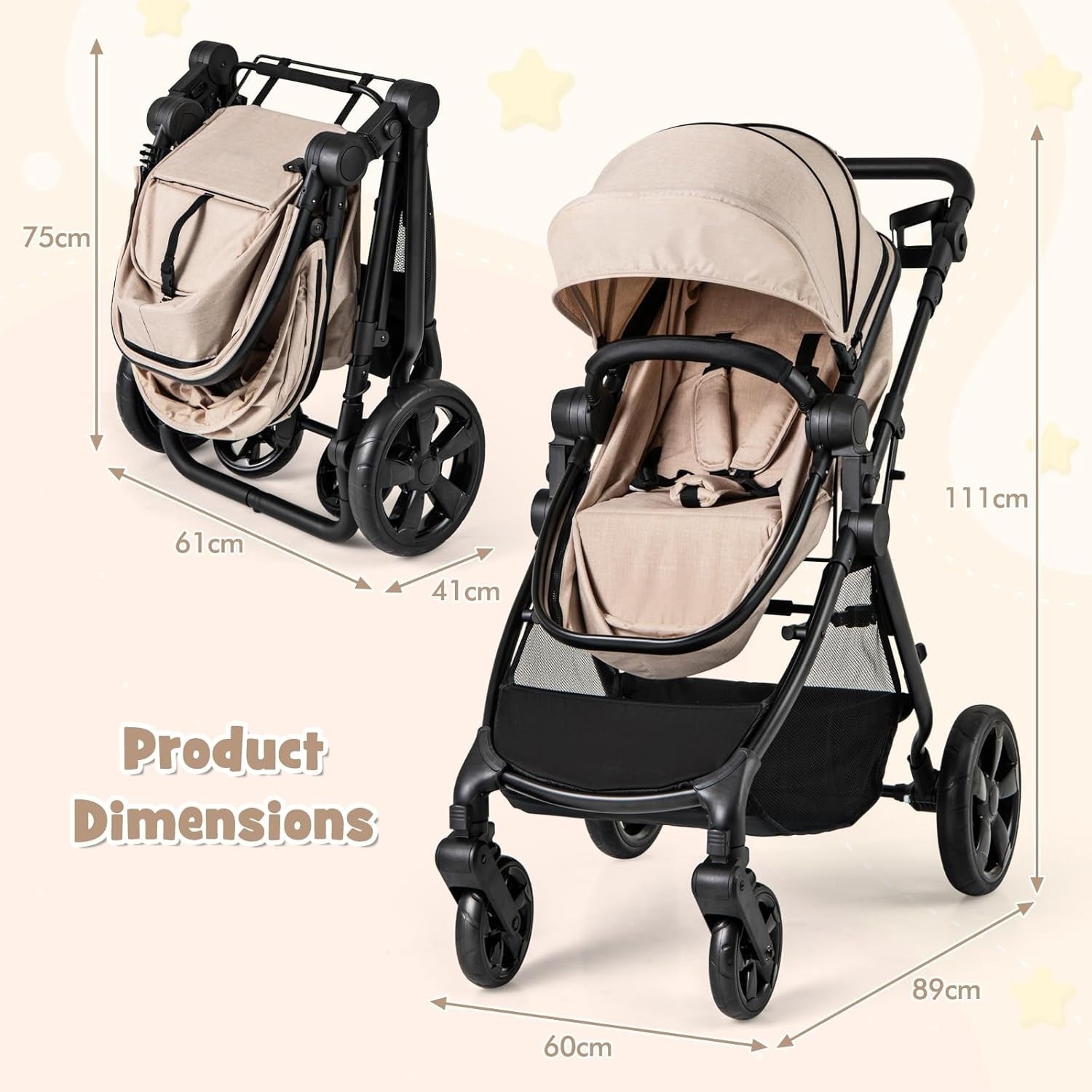 2 in 1 Baby Pushchair Travel Foldable Lightweight Reversible Stroller Beige