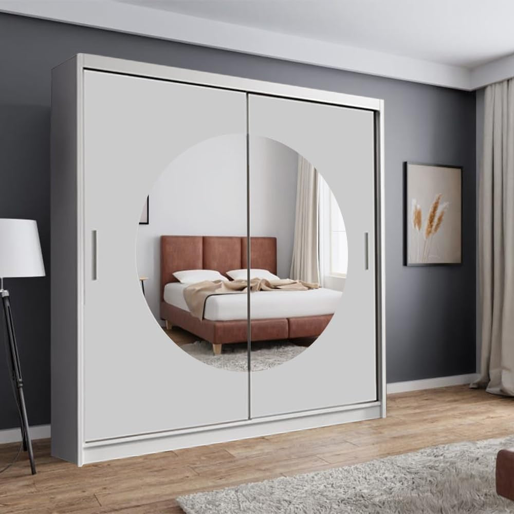 White 2-Door Sliding Wardrobe 150cm Moon-Shaped Mirror Bedroom Storage