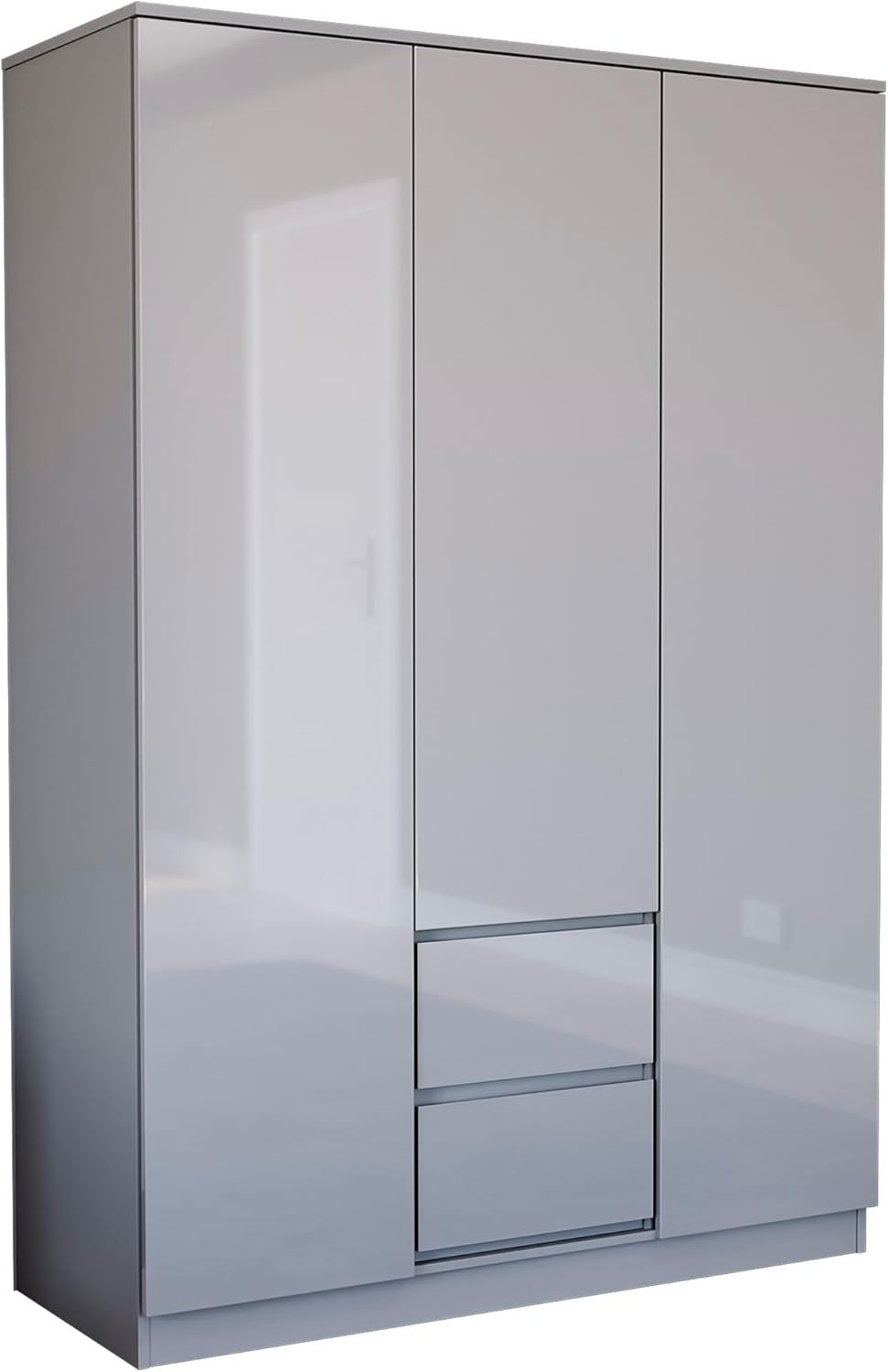 Modern 3 Door Grey Wardrobe with 2 Drawers Storage, Hanging Rail & Easy Setup