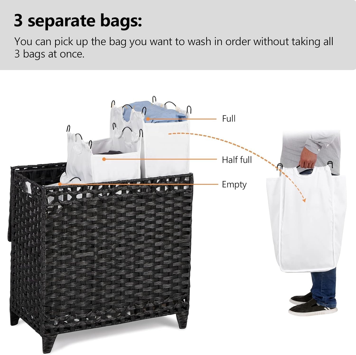 132L Black Rattan Laundry Hamper with Lid 3-Section Removable Liner Bags
