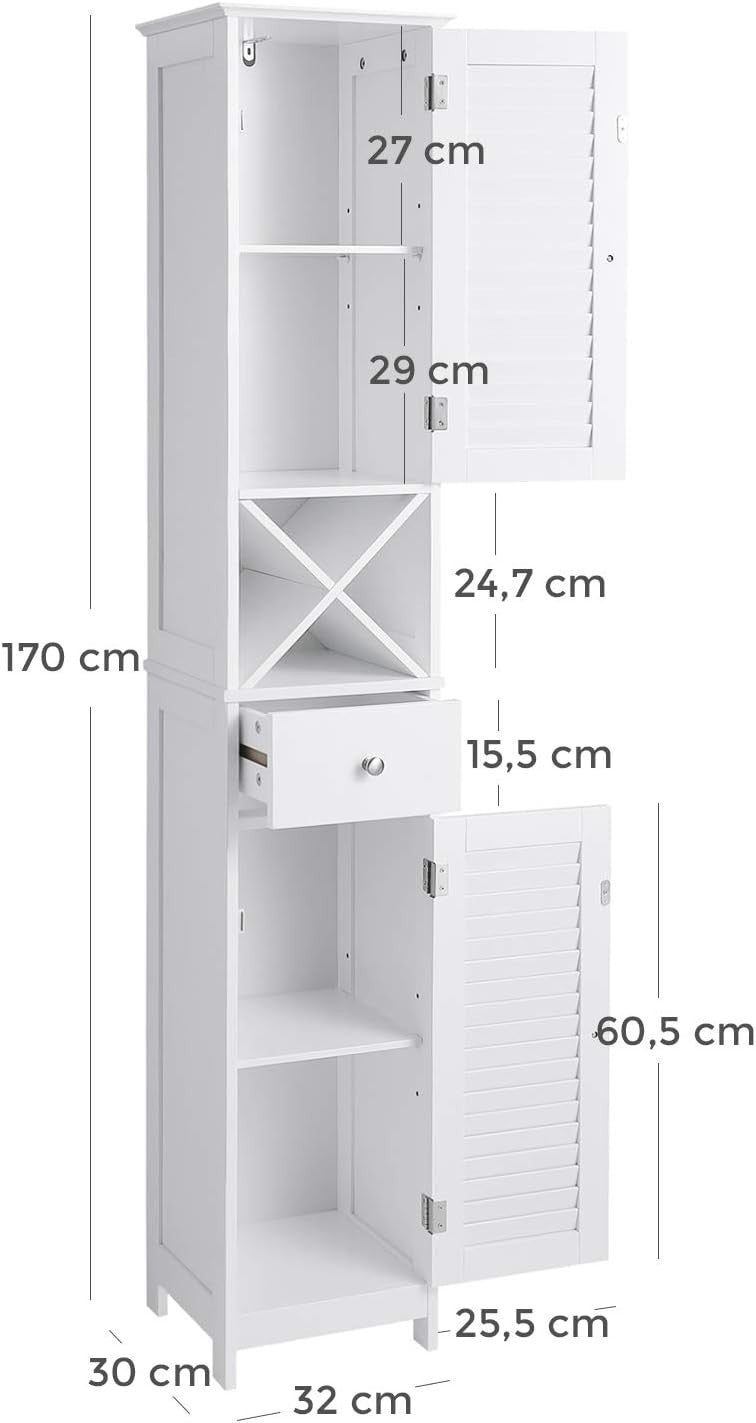 Tall Bathroom Storage Cabinet with Drawer & Louvered Doors, 32x30x170cm