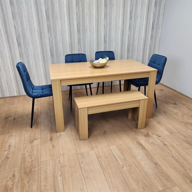 6 Seater Oak Dining Table Set with Blue Velvet Chairs & Wooden Bench