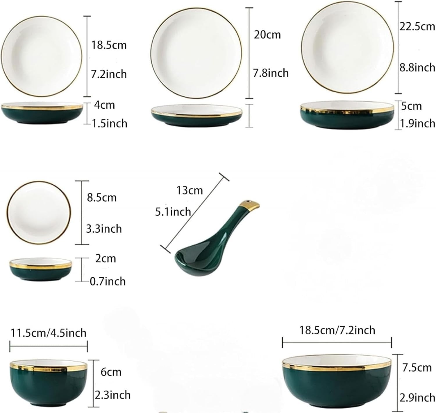 24 Piece Bone China Dinner Set Gold Rim Green Plates Bowls Microwave Safe